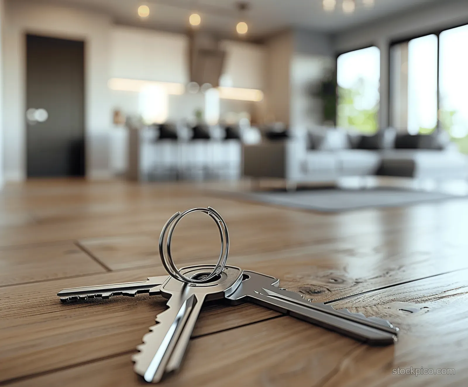 House keys on a wooden table with a softly blurred kitchen and living area in the background.