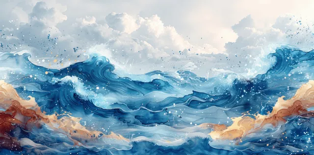 Teal ocean wave watercolor splash pattern with flowing ripples and swirling foam texture background
