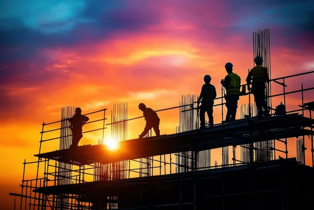 Silhouetted construction workers and an engineer on a scaffold against a vivid sunset sky.