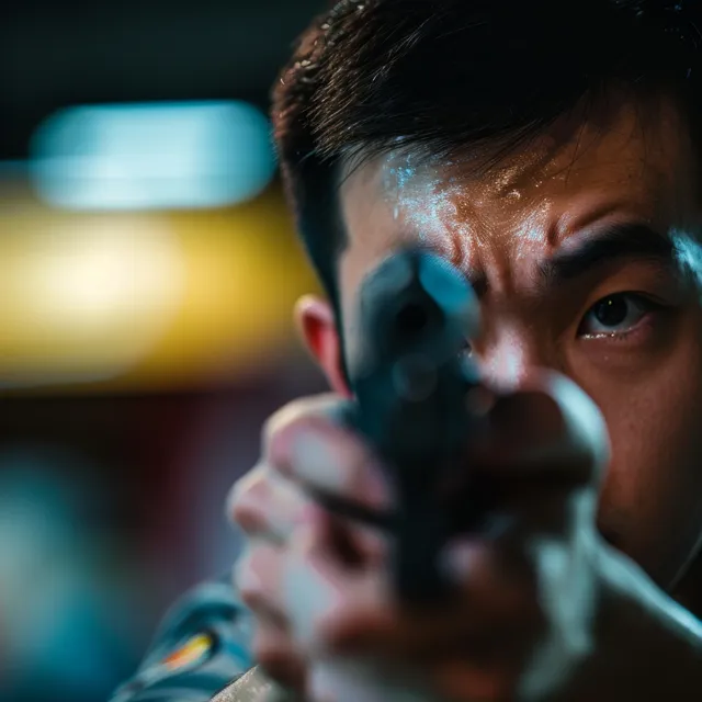 A shooter demonstrates focus and precision while aiming at a target in a 10m air pistol shooting competition.
