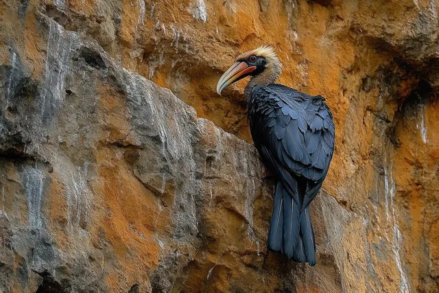 A large black bird with a pale beak perches on a rugged orange and gray rock cliff face.