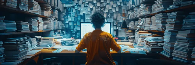 Overwhelmed worker at desk surrounded by towering stacks of documents, tense office