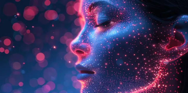AI retail pricing concept with holographic human profile in neon blue and pink