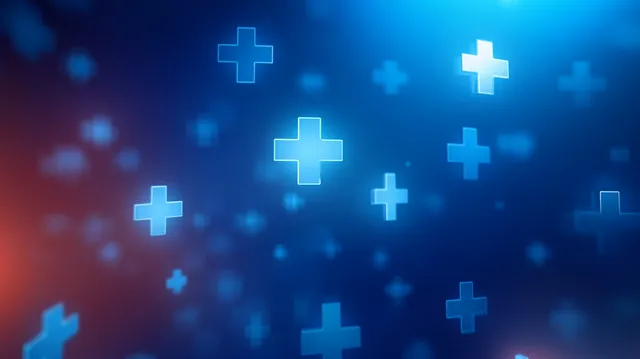 Blue glowing plus signs floating over a dark science interface background