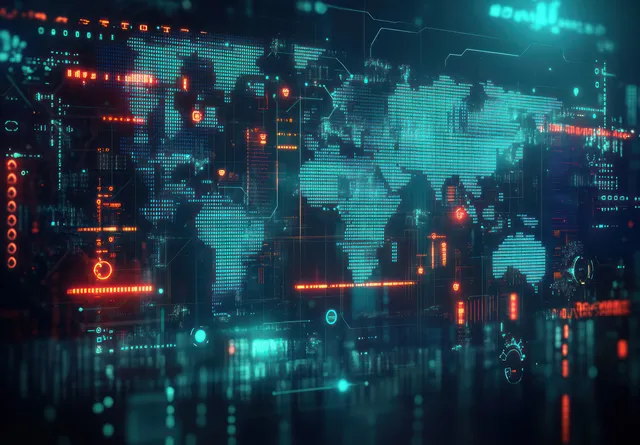 Neon globe map over cyberpunk city data streams, network lines glowing through haze