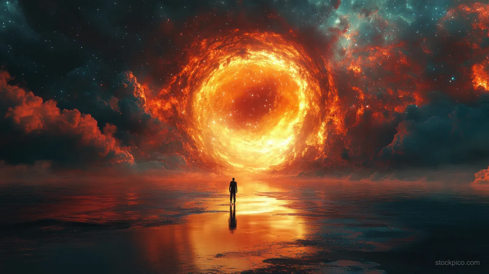 A solitary astronaut silhouette stands in twilight water facing a fiery orange cosmic vortex ring.
