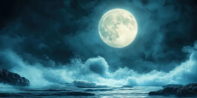 Full moon over rocky ocean cliff at night, mist and fog swirling under teal clouds
