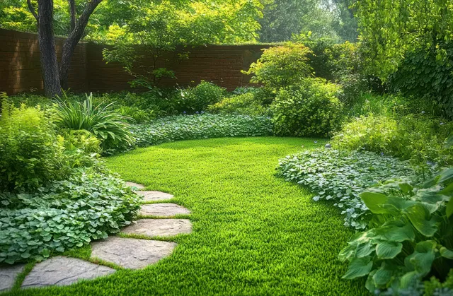 Serene stone pathway winding through lush green garden with soft sunlight and dense shrubs