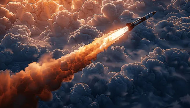A missile flies through storm clouds leaving a bright fire trail over a Russian flag backdrop.