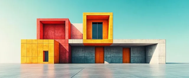 Geometric concrete building facade with yellow, orange, and red blocks and a clear blue sky backdrop.