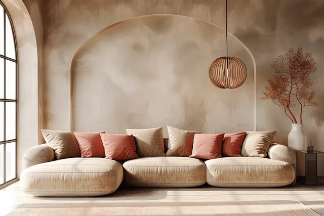 Beige living room with arched window, low sofa with pink pillows, and a round pendant light.