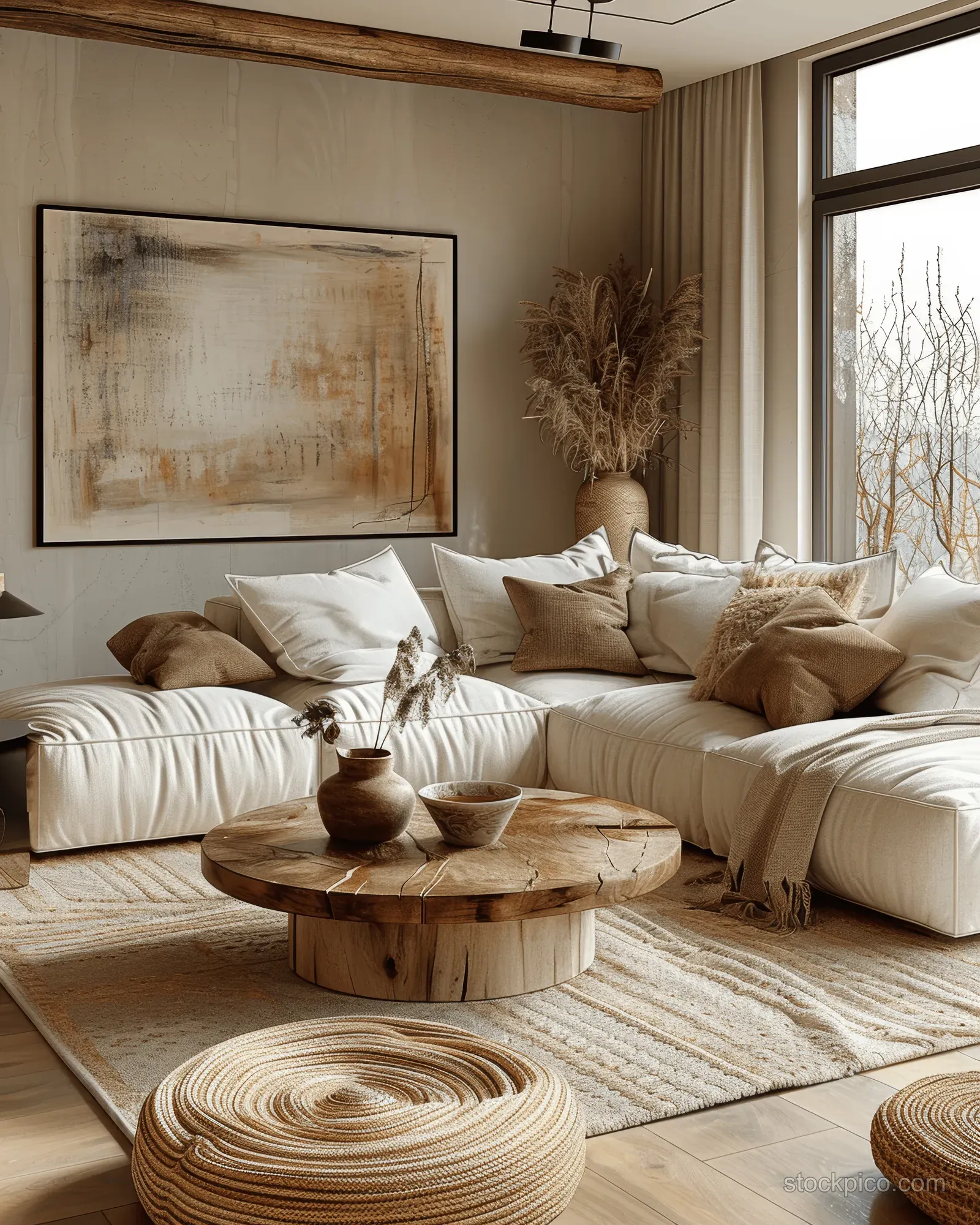 Sunlit Scandinavian living room featuring a beige wall, sectional sofa with cushions, and a woven rug.
