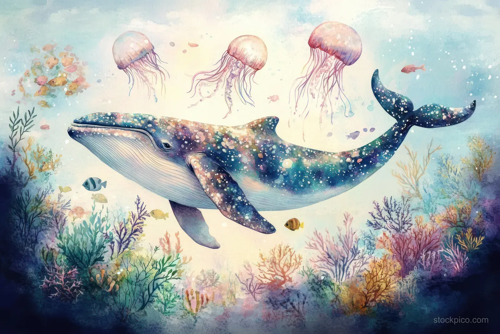 A whale swims underwater with jellyfish, coral, and small tropical fish among swirling pastel light.