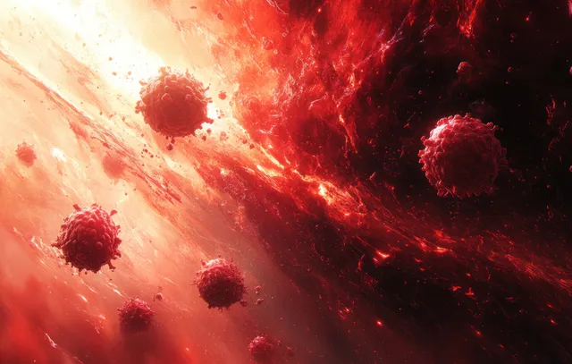 Red blood cells and glowing cancer clusters drifting through bloodstream under microscope