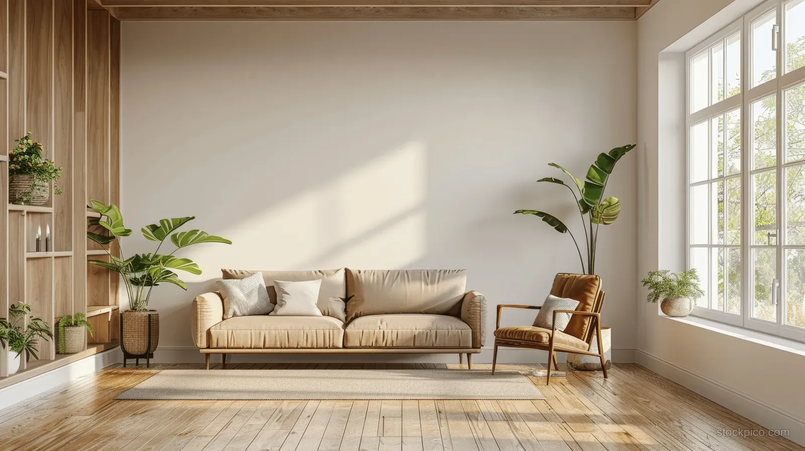 Sunlit Scandinavian living room with beige sofa, leather armchair, potted plants, and wooden floor by large windows.