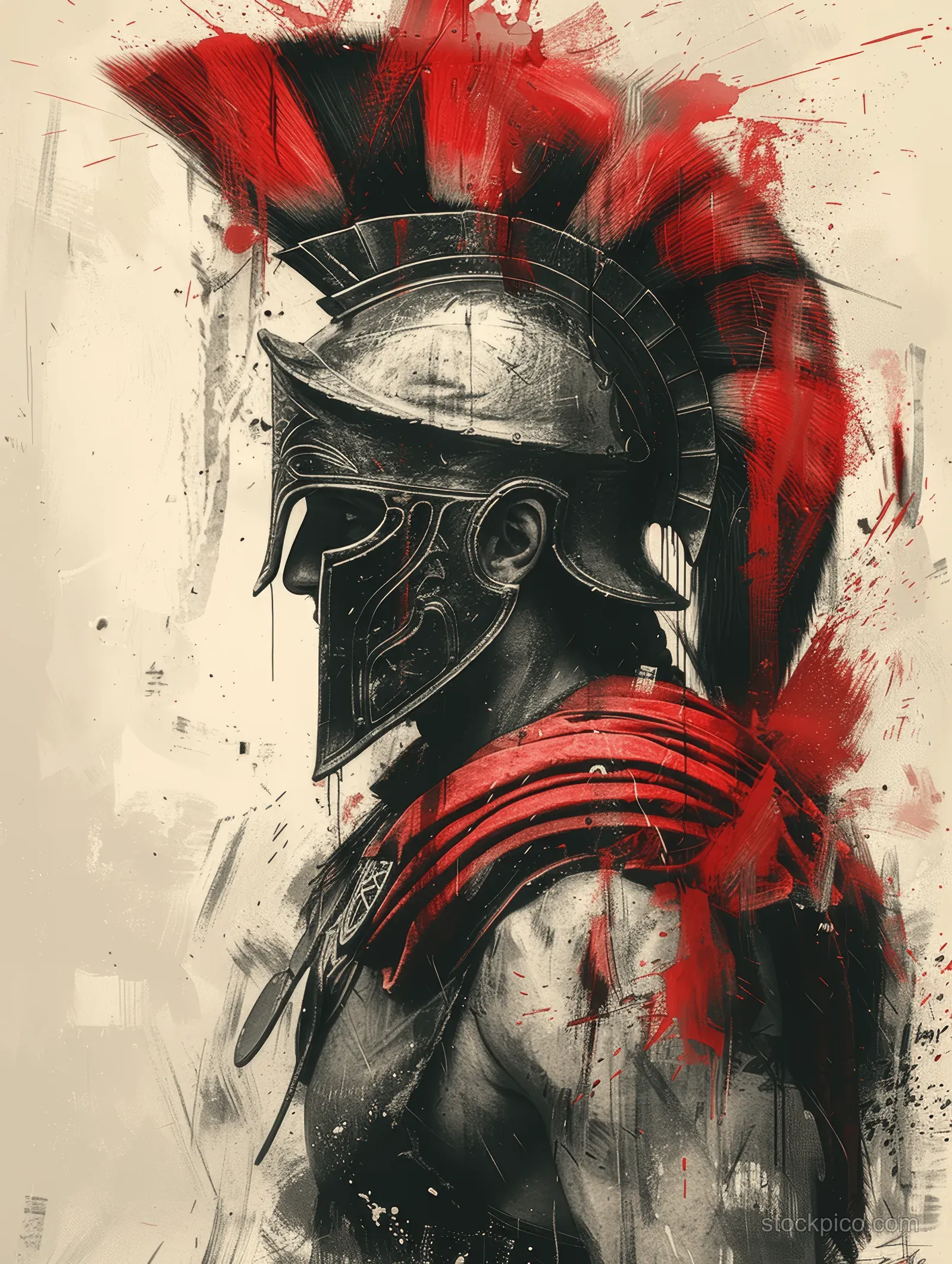 Profile portrait of a Spartan warrior wearing a crested helmet and red cape against a splattered brush background.