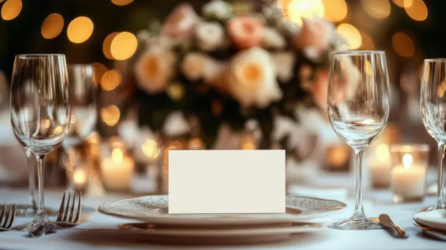 Elegant wedding table setting with blank menu card and flowers
