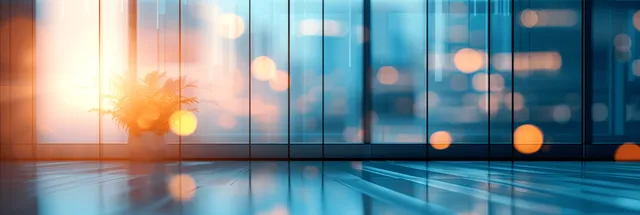 Sunlit office interior with a blurred glass wall and glowing bokeh lights reflected on the floor.