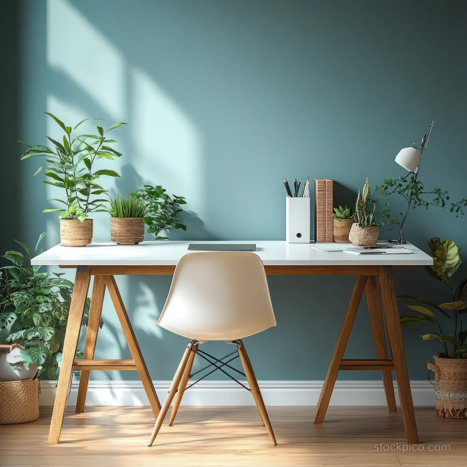 Minimal white desk with wooden legs and a chair, surrounded by potted plants in bright natural sunlight.