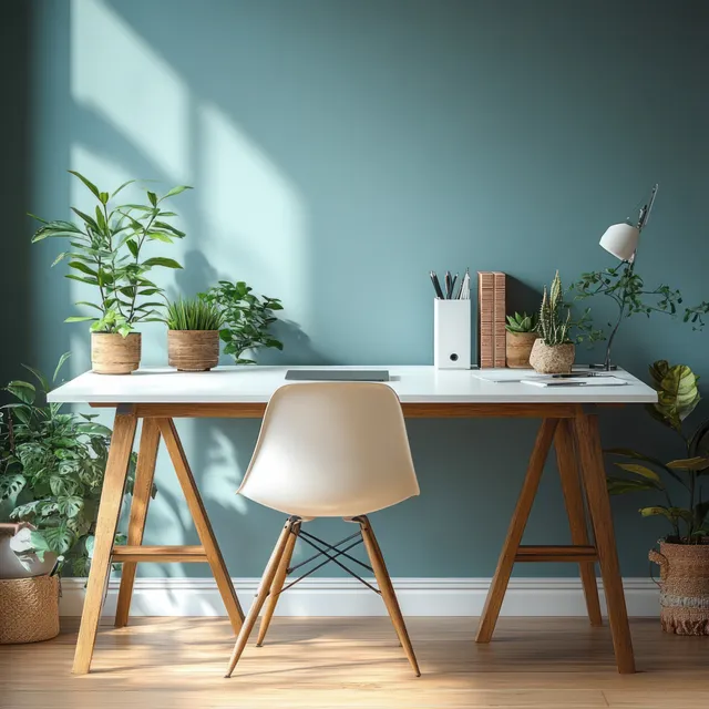 Minimal white desk with wooden legs and a chair, surrounded by potted plants in bright natural sunlight.