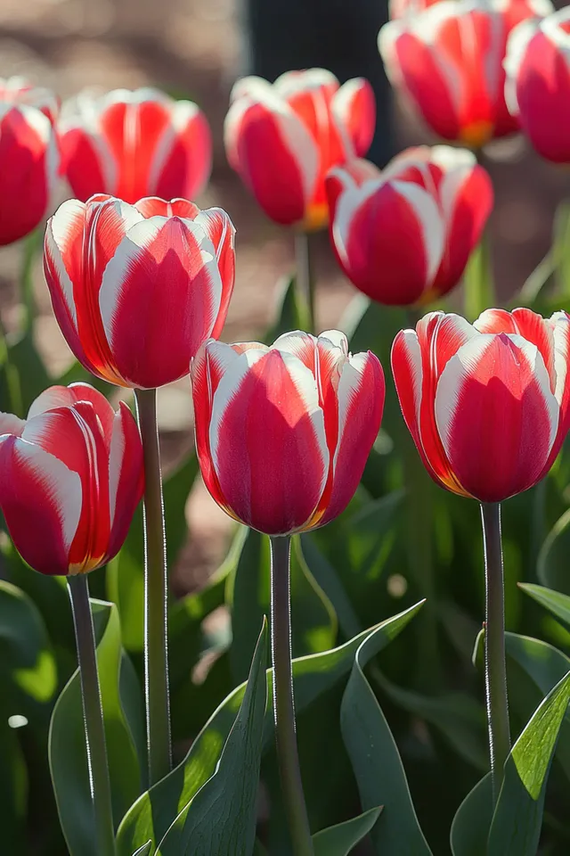 Close-up red tulips with white-edged petals lit by soft spring sunlight in garden