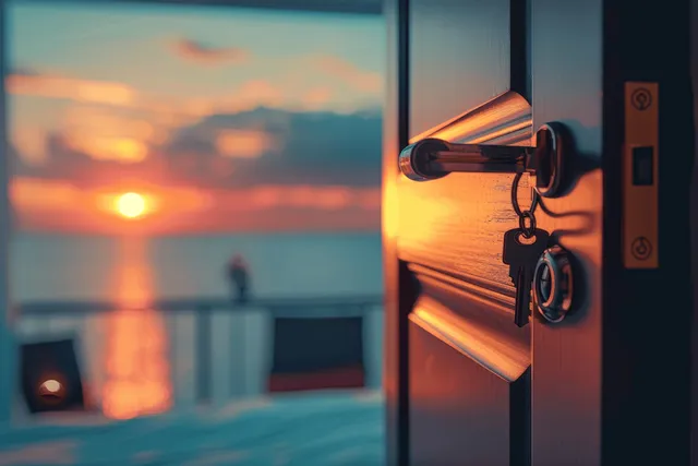 Keys hang from a door handle while a sunset ocean view blurs in the background through an open hotel room.