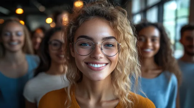A young woman smiles toward the camera while a multicultural group poses for a selfie in a bright office.