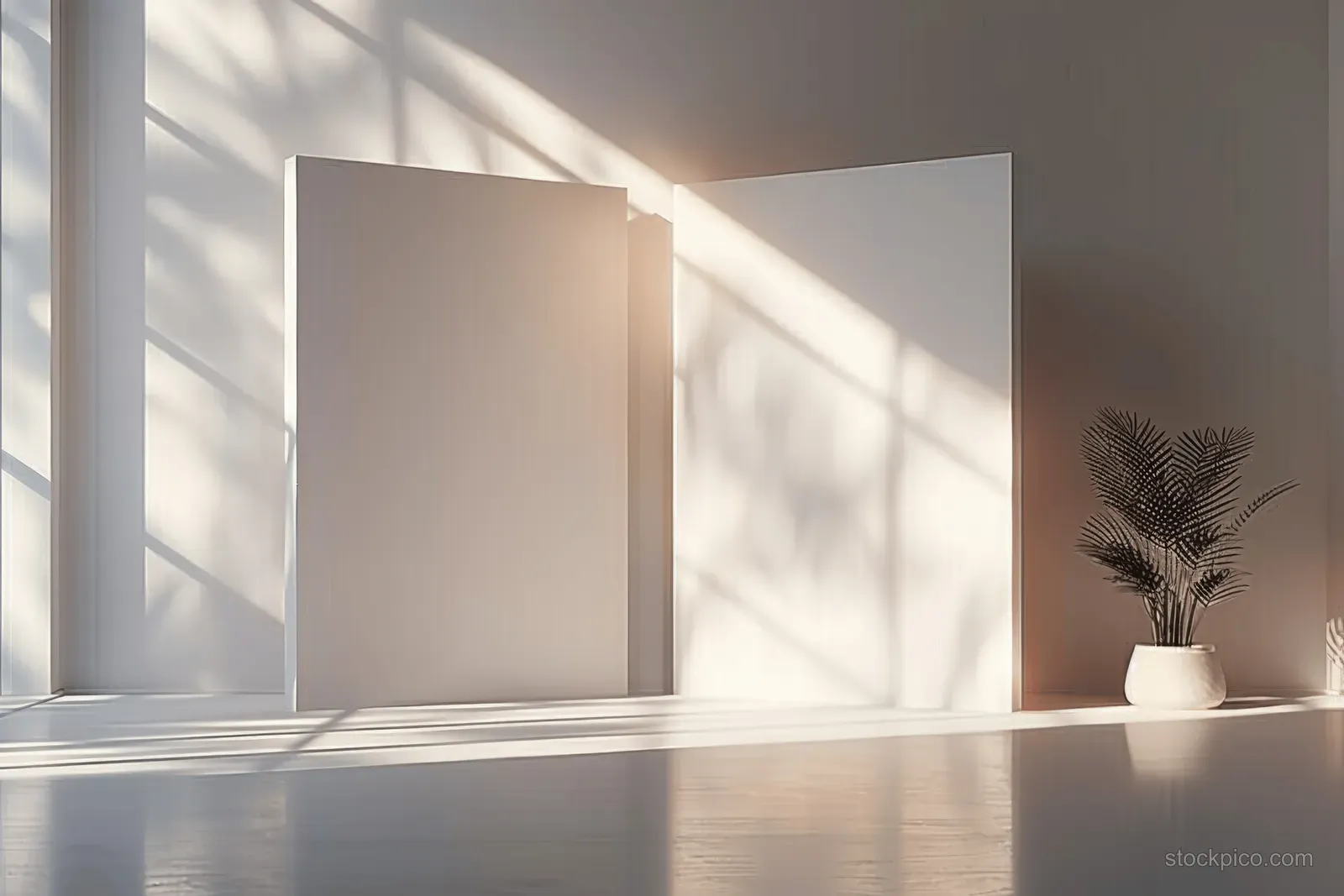 Two white panels stand in a minimalist room as sunlight creates soft shadows on the glossy floor.