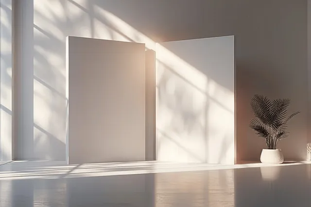 Two white panels stand in a minimalist room as sunlight creates soft shadows on the glossy floor.