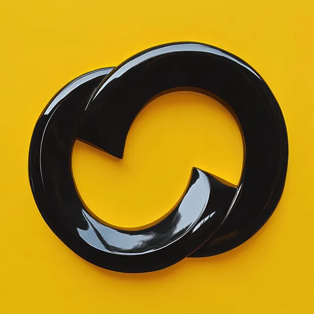 Glossy black interlocking loop shapes on a bright yellow background, reflective highlights