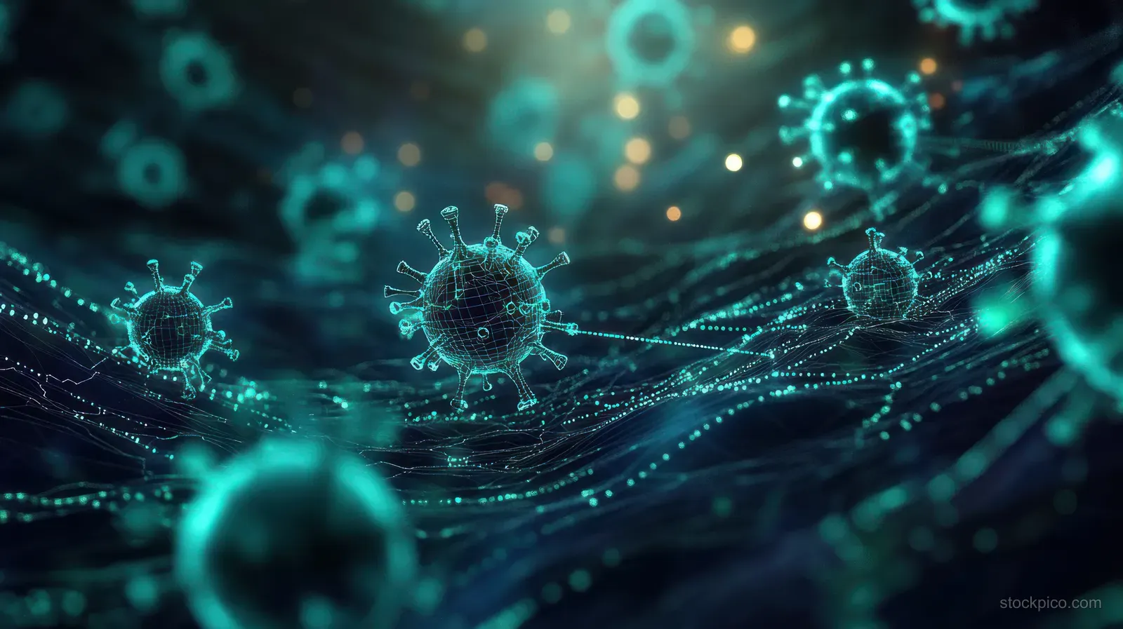 Teal virus particles float through glowing network lines and dots in a dark abstract microscopic scene.