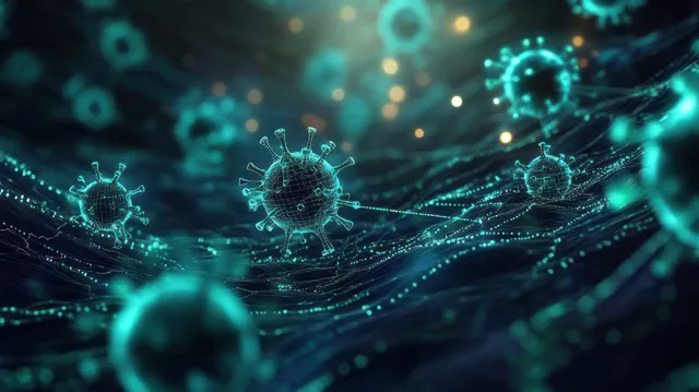 Teal virus particles float through glowing network lines and dots in a dark abstract microscopic scene.
