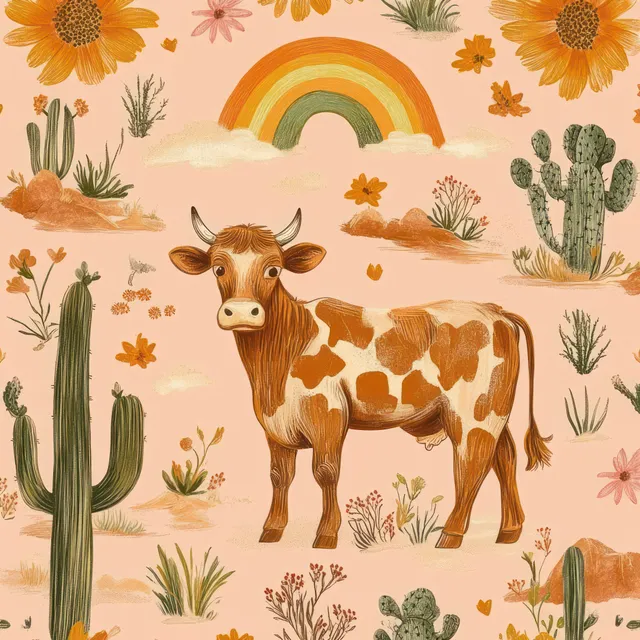 Brown and white cow standing among cacti and flowers beneath a bright rainbow in a pastel desert illustration.