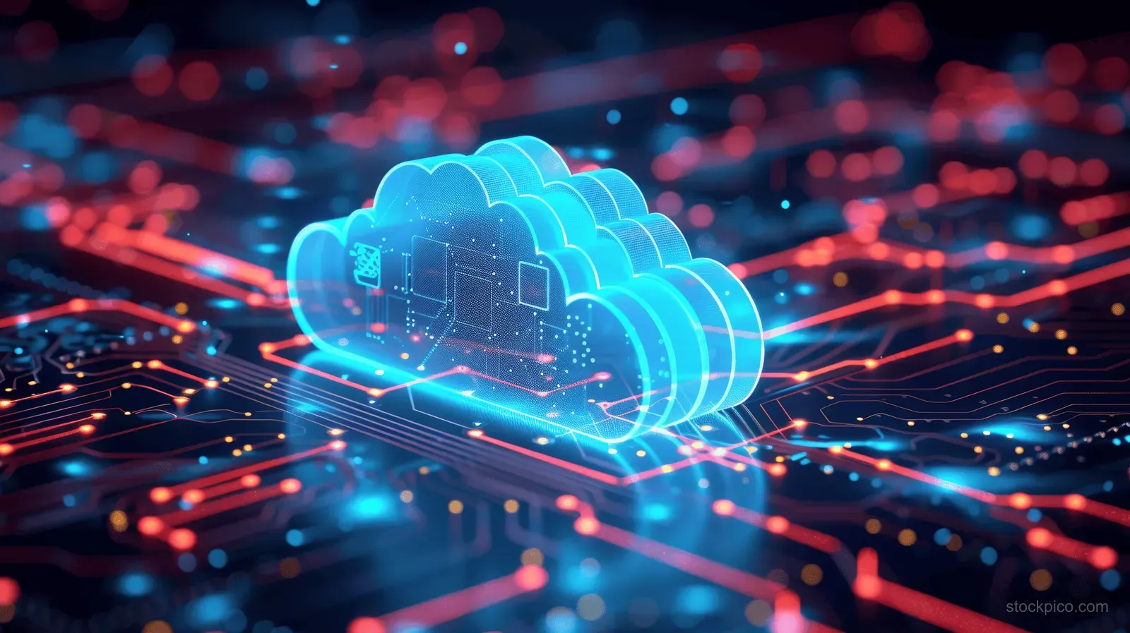 Glowing blue cloud icon over a circuit-board network with neon red and blue data lines in the background.
