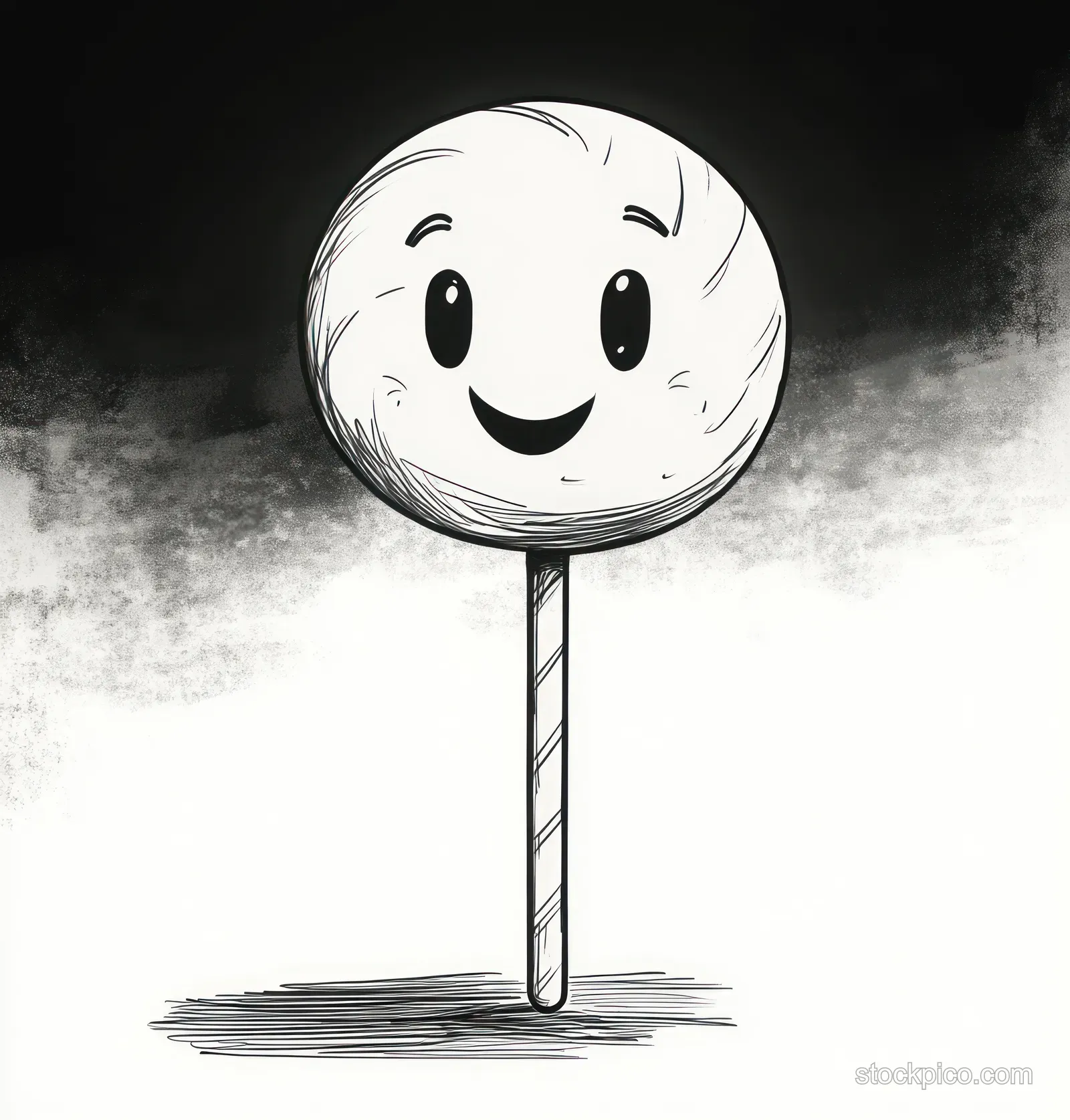 A black and white sketch shows a smiling lollipop with wide eyes on a stick against a shaded background.