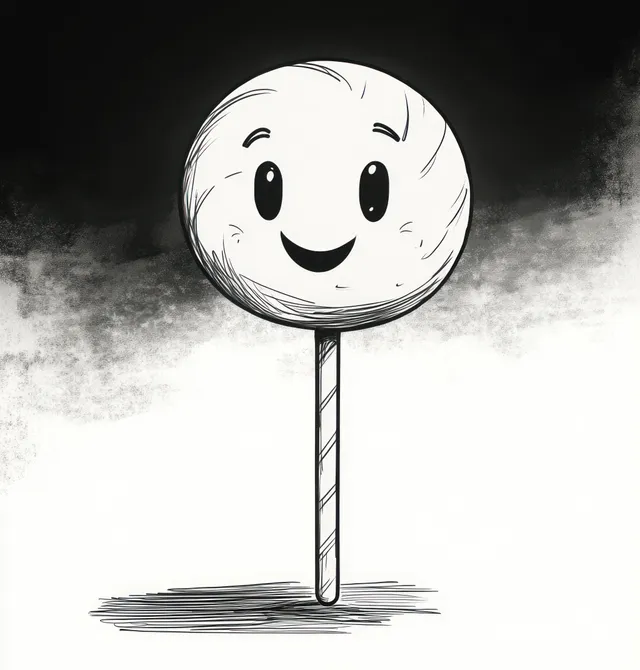 A black and white sketch shows a smiling lollipop with wide eyes on a stick against a shaded background.