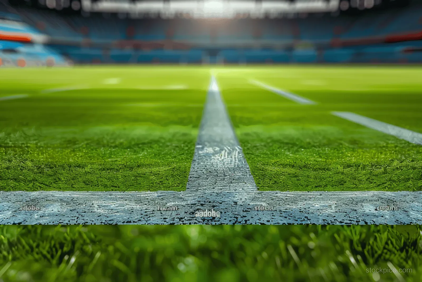 Green soccer field with white lines in an empty stadium, with blurred stands behind.