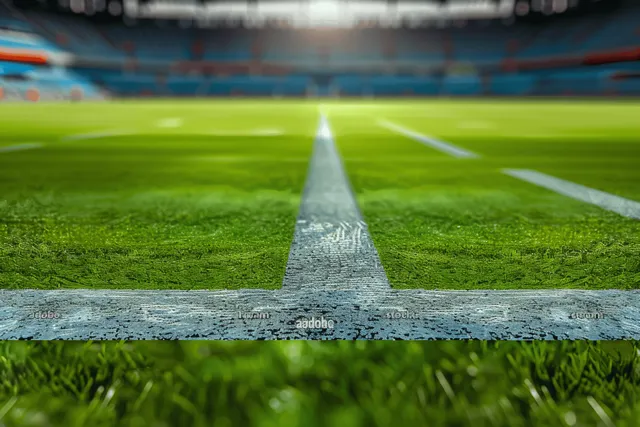 Empty soccer stadium pitch with green grass and white center-line blur