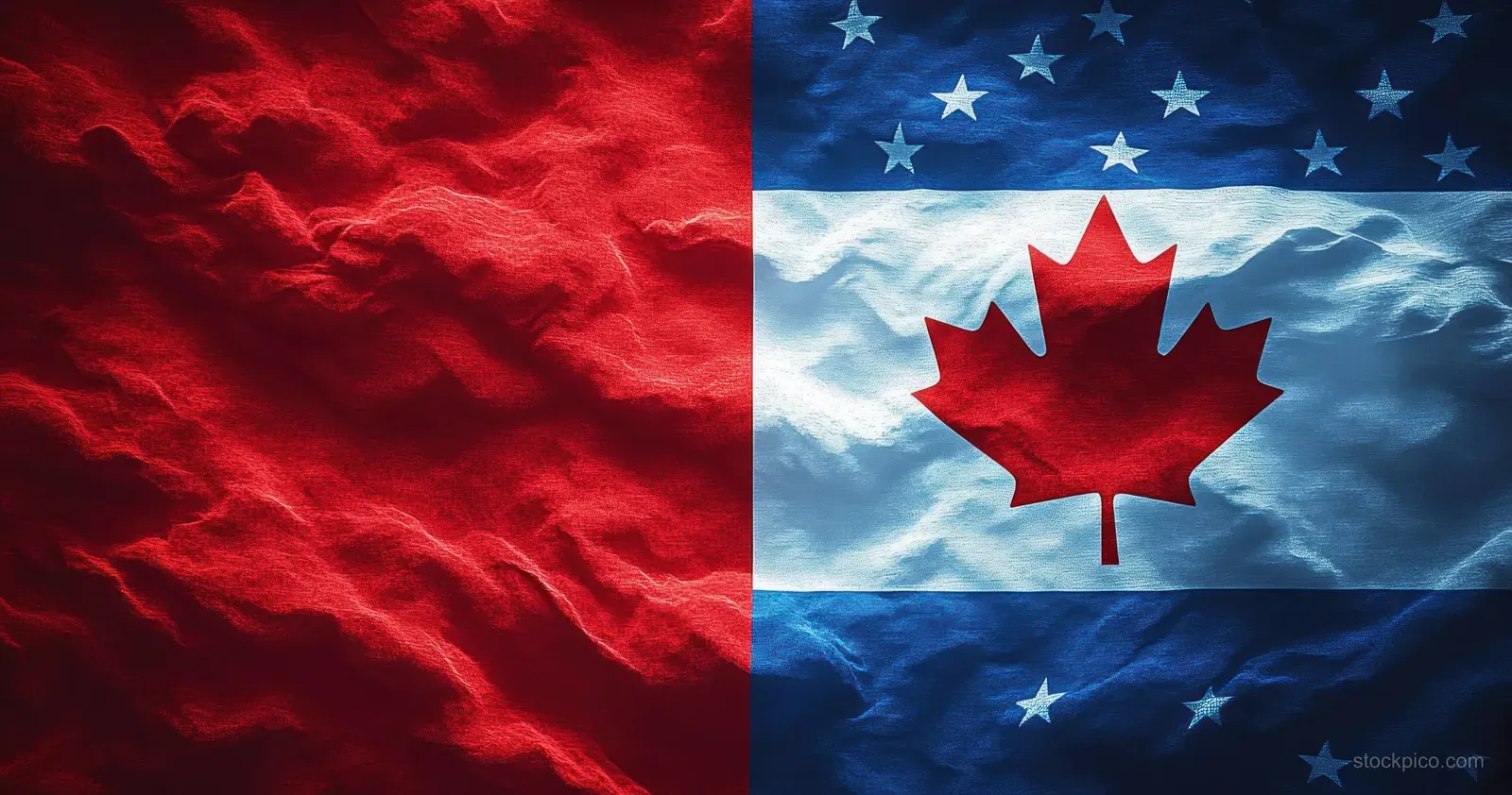 Textured Canadian flag close-up showing a red maple leaf on a blue star field with visible fabric folds.