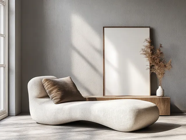 Neutral chaise lounge and framed artwork sit in a sunlit minimalist living room with gray walls and long shadows.