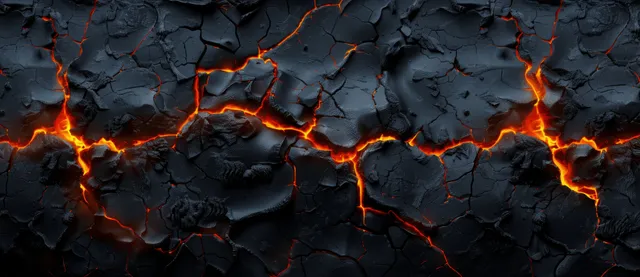 Molten lava glow cracking through dark rock, erupting orange flames across the surface