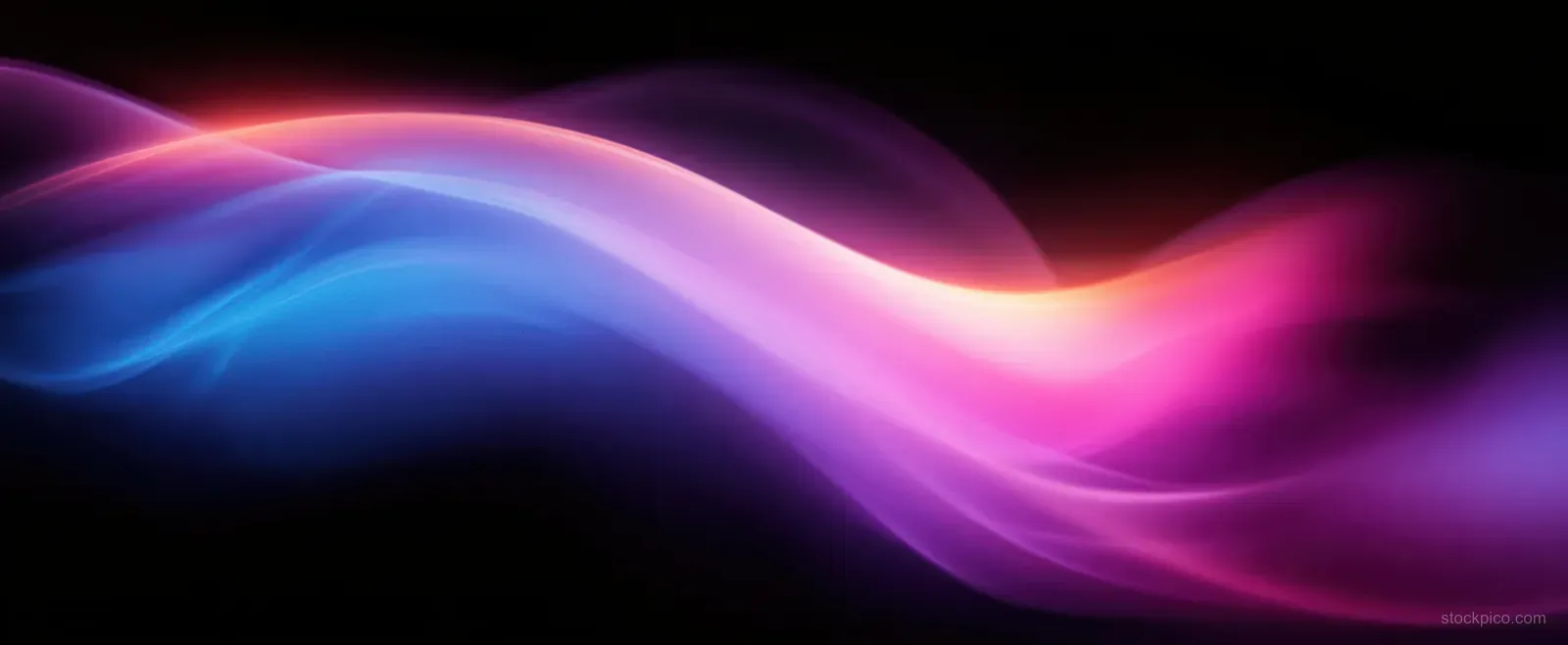 Glowing purple pink and blue wave ribbons blend across a black textured background with soft light streaks.