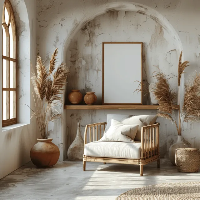 Minimalist living room with arched niche, wooden daybed, pampas grass, and framed canvas