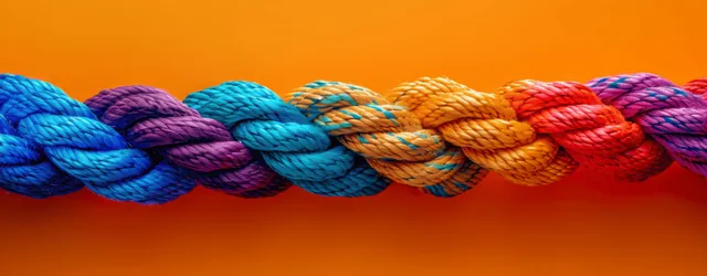 Colorful braided rope strands weave together into a circular network against a warm orange background.