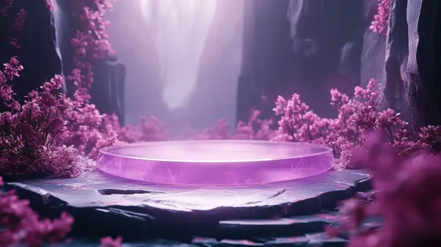 Transparent circular crystal podium glows softly in a purple mystical forest with pink flowers and ethereal stones.