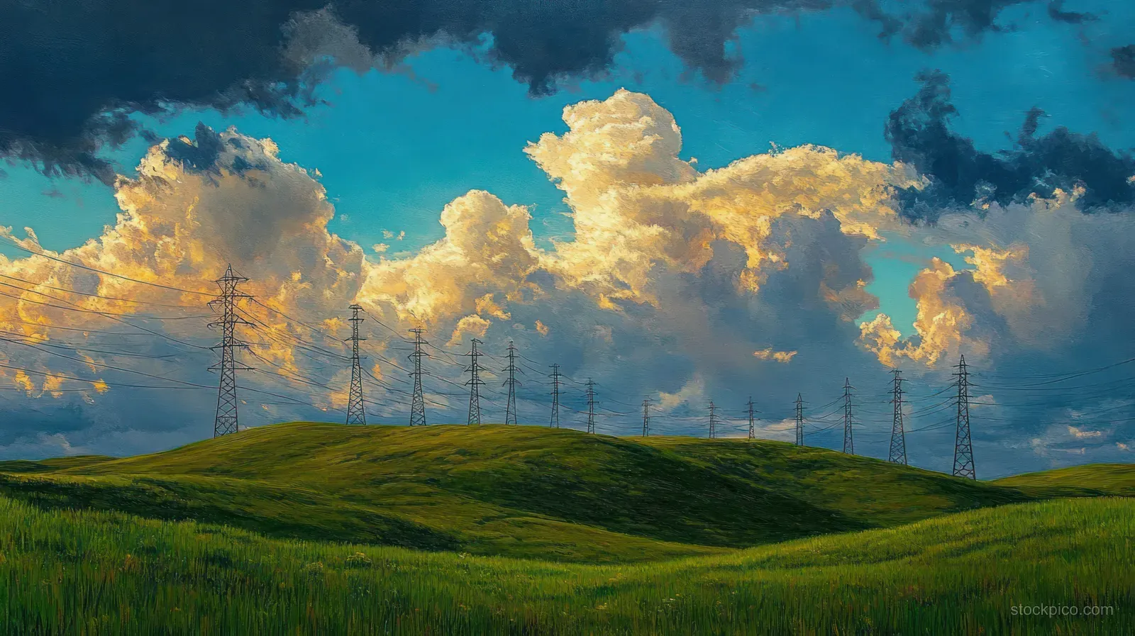 High-voltage electricity pylons stand on rolling green hills under dramatic storm clouds and late-afternoon light.