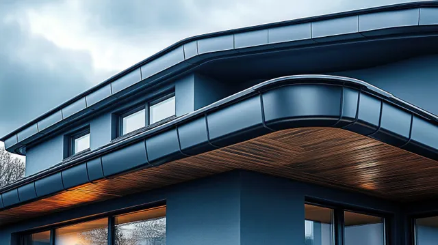 Contemporary house corner with blue metal siding, wooden soffit, and large windows under a cloudy sky.