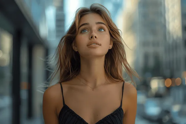 Young blonde woman in a black dress gazes upward on a downtown street with blurred city buildings behind her.