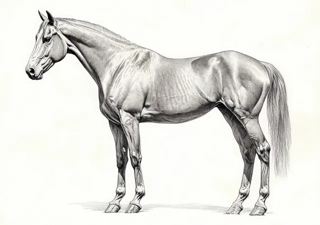 Monochrome pencil sketch of a muscular horse standing in profile with detailed mane and shadows on a white background.