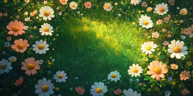 Overhead view of bright green grass meadow with scattered daisies and small wildflowers in sunny summer light.